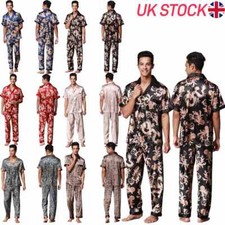 UK Mens Pyjamas Set Short Sleeve Stain Silk Nightwear Loungewear Pjs Lounge Wear