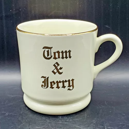 Vintage Tom and Jerry Christmas Drink Mug, Cream Color w/Gold Trim 