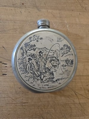 Vintage Pewter Flask 2 Fisherman England Scene Inlay Panel Josiah F Fitch
