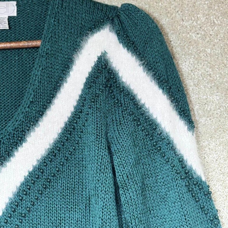 Nannell Mezcla Angora Manga Abullonada M Verde Blanco Chevron Cuentas De Colección Años 80 Foto 3 de 4