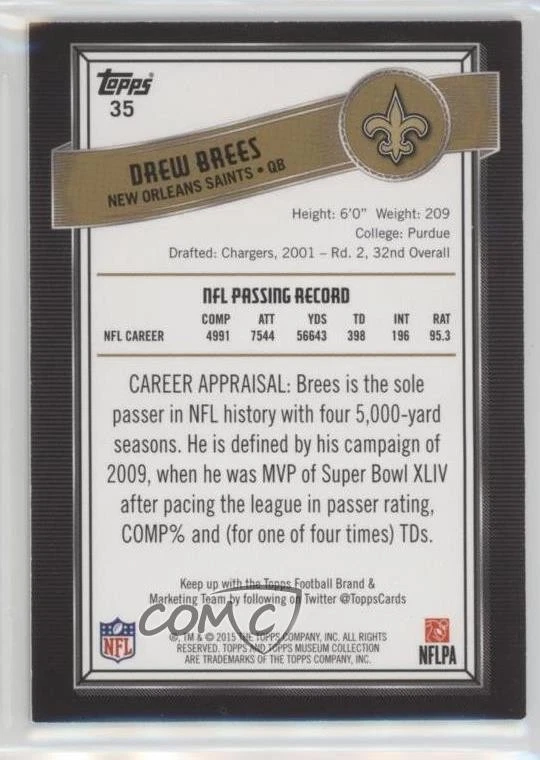 2015 Topps Museum Collection Sapphire /99 Drew Brees #35 - Image 2 of 2
