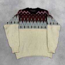 Vintage Abstract Knitted Jumper Patterned Grandad Knit Sweater Men's L