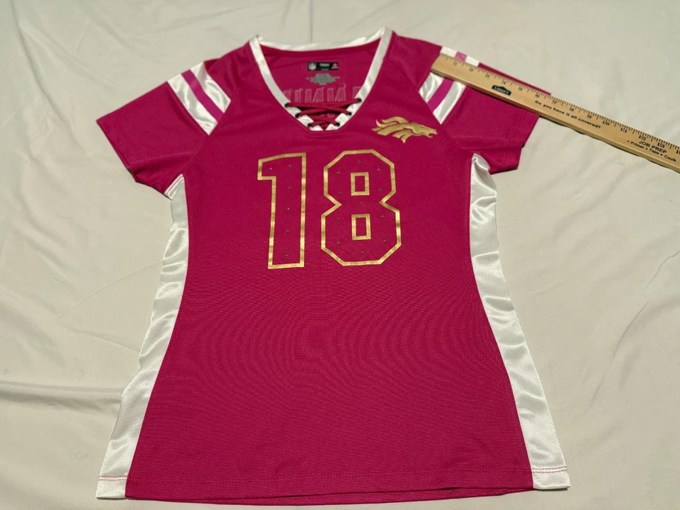 Ropa del equipo de la NFL Denver Broncos Peyton Manning-retirado-#18-camiseta rosa para mujer-M Foto 4 de 4
