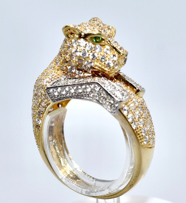 Leopard Brillant Smaragdring ca. 0,35ct., 750/18kt Gelb&Weißgold, 8,36 g, Gr. 57