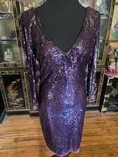 Camille La Vie Purple  Sequin Fitted Mini Dress Sleeves Open Back Cocktail 8 NWT