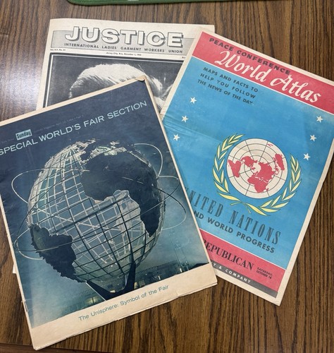 Peace Conference World Atlas, ILGWU Justice Union Paper 12/1/63, Worlds Fair ‘64