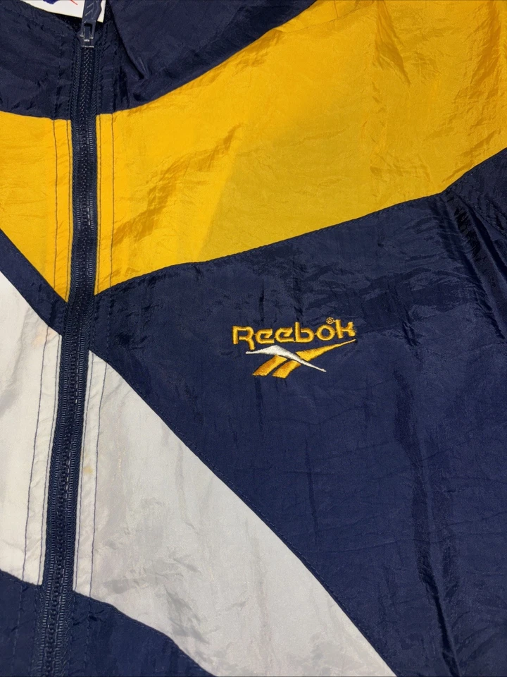 Chaqueta cortavientos de colección años 90 3XL Reebok para hombre de nailon cremallera completa azul/blanco/amarillo Foto 3 de 4