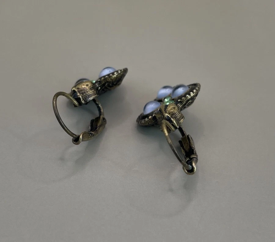 Pendientes para mujer 1928 latón perforado metal cristales verdes vidrio azul Foto 4 de 4