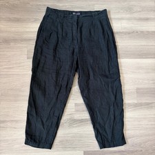 M&S Linen Trousers Womens UK 16 Black Tapered High Waist Summer Cropped