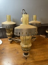 Vintage Rustic Farmhouse Wooden Metal Chandelier Ceiling Light Amber Glass