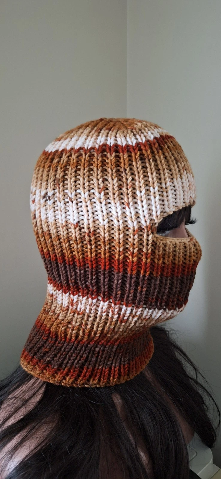 Brown Beige Gradient Knit Balaclava – Handmade Ski Mask Beanie – Unisex Hat