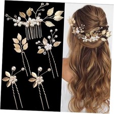 5 PCS Bridal Wedding Hair Pins Gold Leaf Crystal Pearl Hair Pins Vintage gold