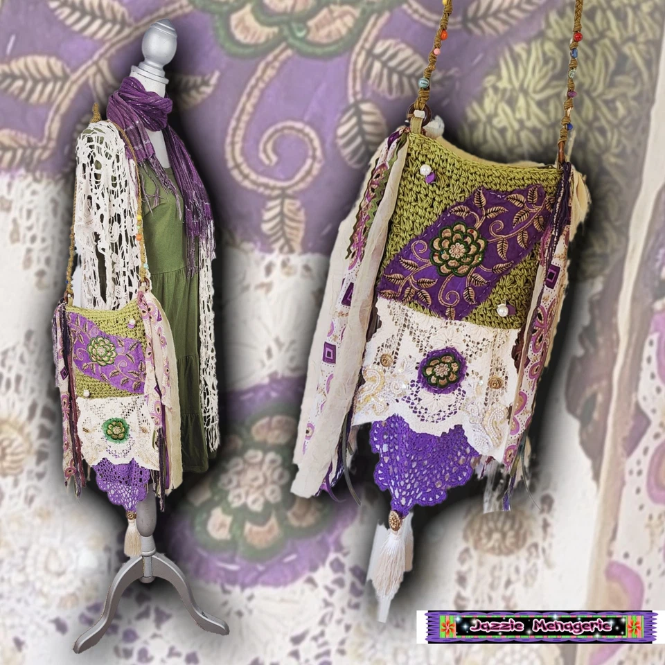 Bolso de Hombro Boho, Bolso Gypsy Free Spirit, Bolso de Trapo de Ganchillo Reutilizado Foto 4 de 4