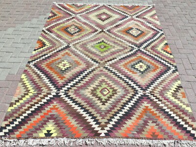 Vintage Turkish Kilim Handmade Wool Rug, Large Floor Carpet, Boho Kelim 75''X103''