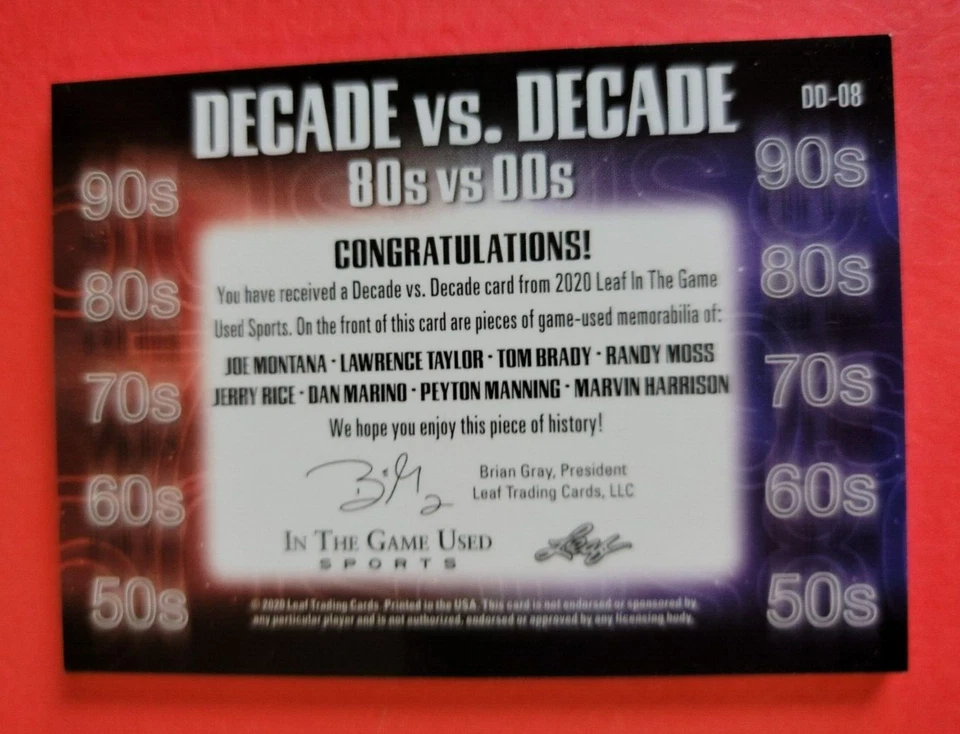 TOM BRADY JOE MONTANA JERRY RICE Peyton Manning DAN MARINO JERSEY CARD #5/12 ITG - Image 2 of 3