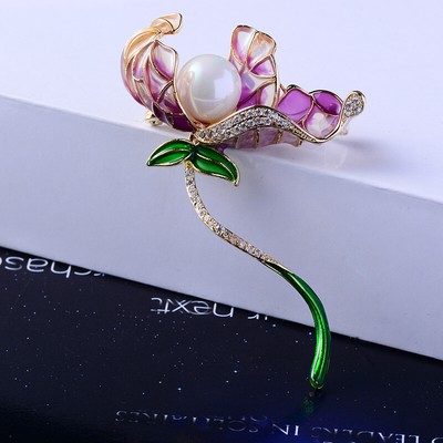 Broche Doré Feuille Ginkgo Email Violet Mauve Pailletté Perle Blanc Retro XZ9