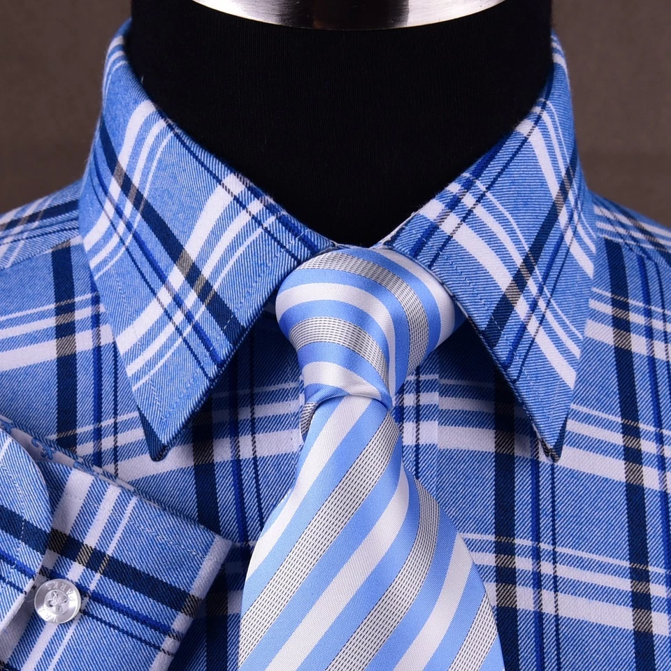 Sexy Camisa de Vestir Azul Para Hombre Formal y de Negocios Franela a Cuadros y Cuadros Foto 3 de 4