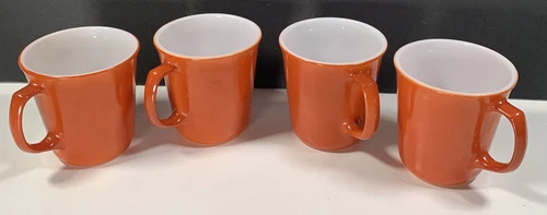 4 VTG Pyrex Milk Glass Mugs 1970s Coffee Cups Burnt Orange 3.5” T x 3.5” Diam