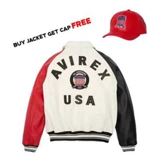 Men's Avirex Real Bomber American Jacket 100% Lamb Leather Jacket With Free Cap