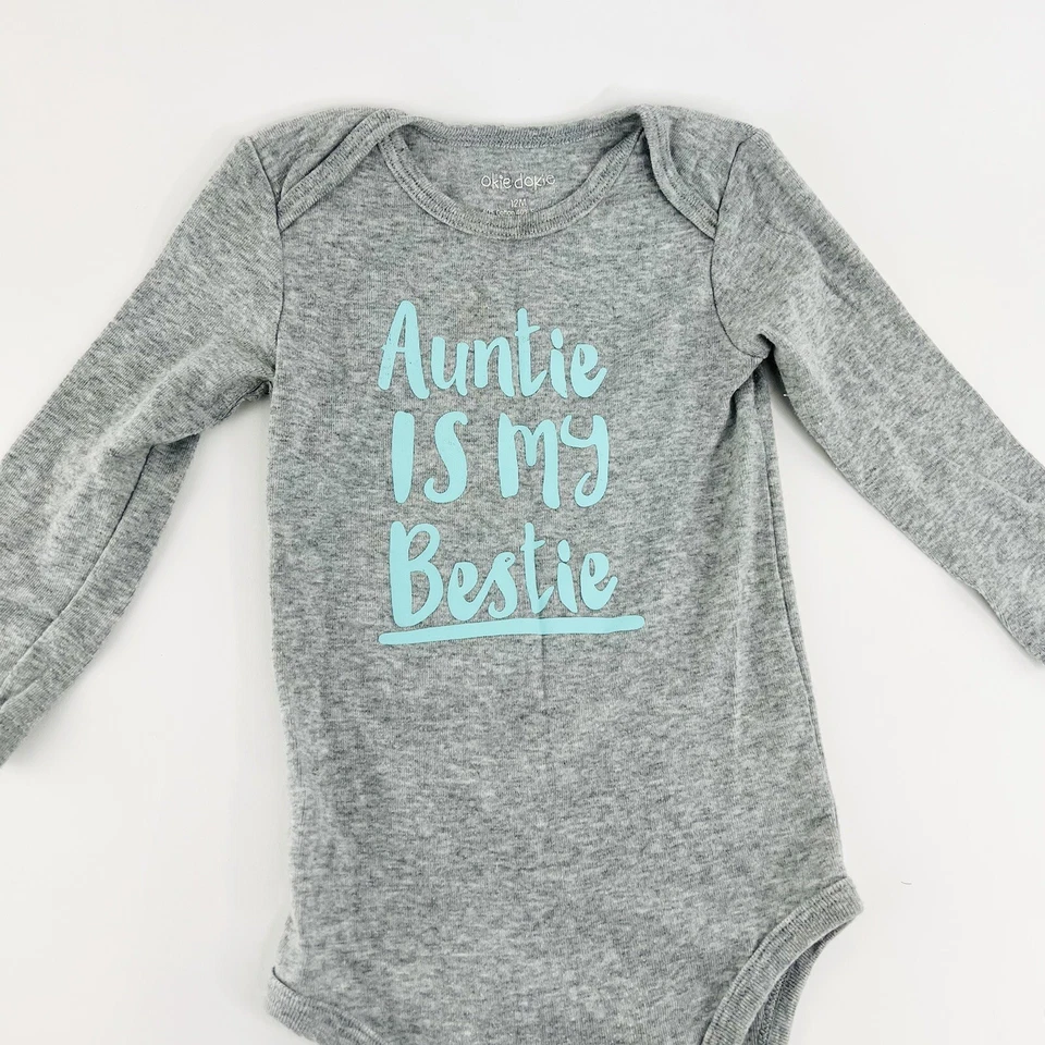 Body manga larga Okie Dokie 'Auntie is my Bestie' gris/verde azulado talla 12M Foto 2 de 3