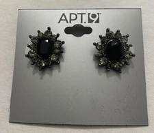 Apt. 9 12 Point Silver Tone Rhinestone/Black Faceted Oval Bead Stud Earrings NWT