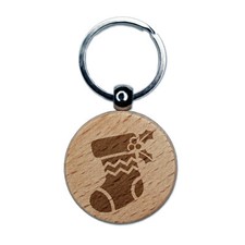 Christmas Stocking Holly Engraved Wood Round Keychain Tag Charm