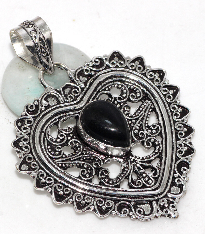 Black Onyx 925 Silver Plated FiliGrie Heart Pendant 2.4