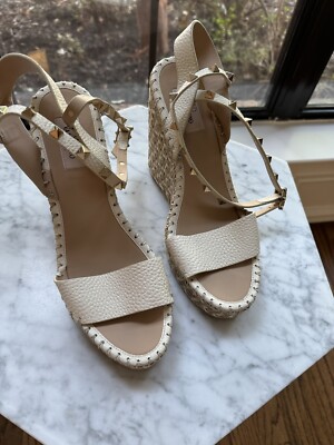 Valentino Garavani Women Rockstud Double Espadrille Metallic Wedge Sandals 
