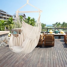 Hammock Chair Swing Hanging Rope Net Chair Porch Patio with 2 Cushions Beige US