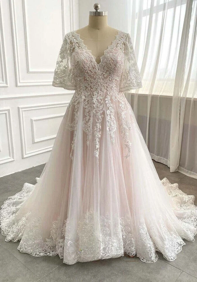 Vestidos de novia rosas talla grande medias mangas cuello en V apliques de encaje vestidos de novia Foto 3 de 4