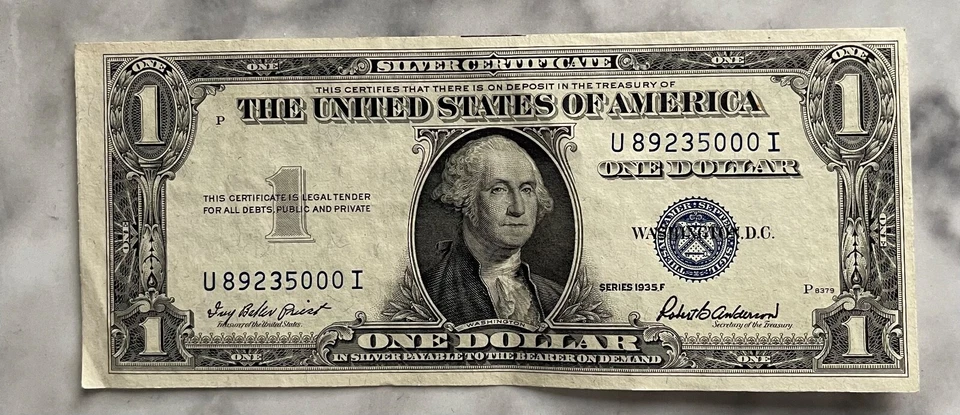 1 dollar silver certificate pay to the bearer of demand series 1935 F blue stamp - Image 2 of 4