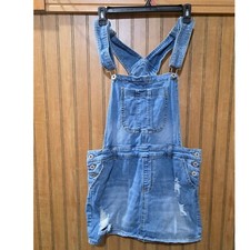 TinselTown Denim Overalls Dress Mini Distressed Jean Skirt Stretch Sz M