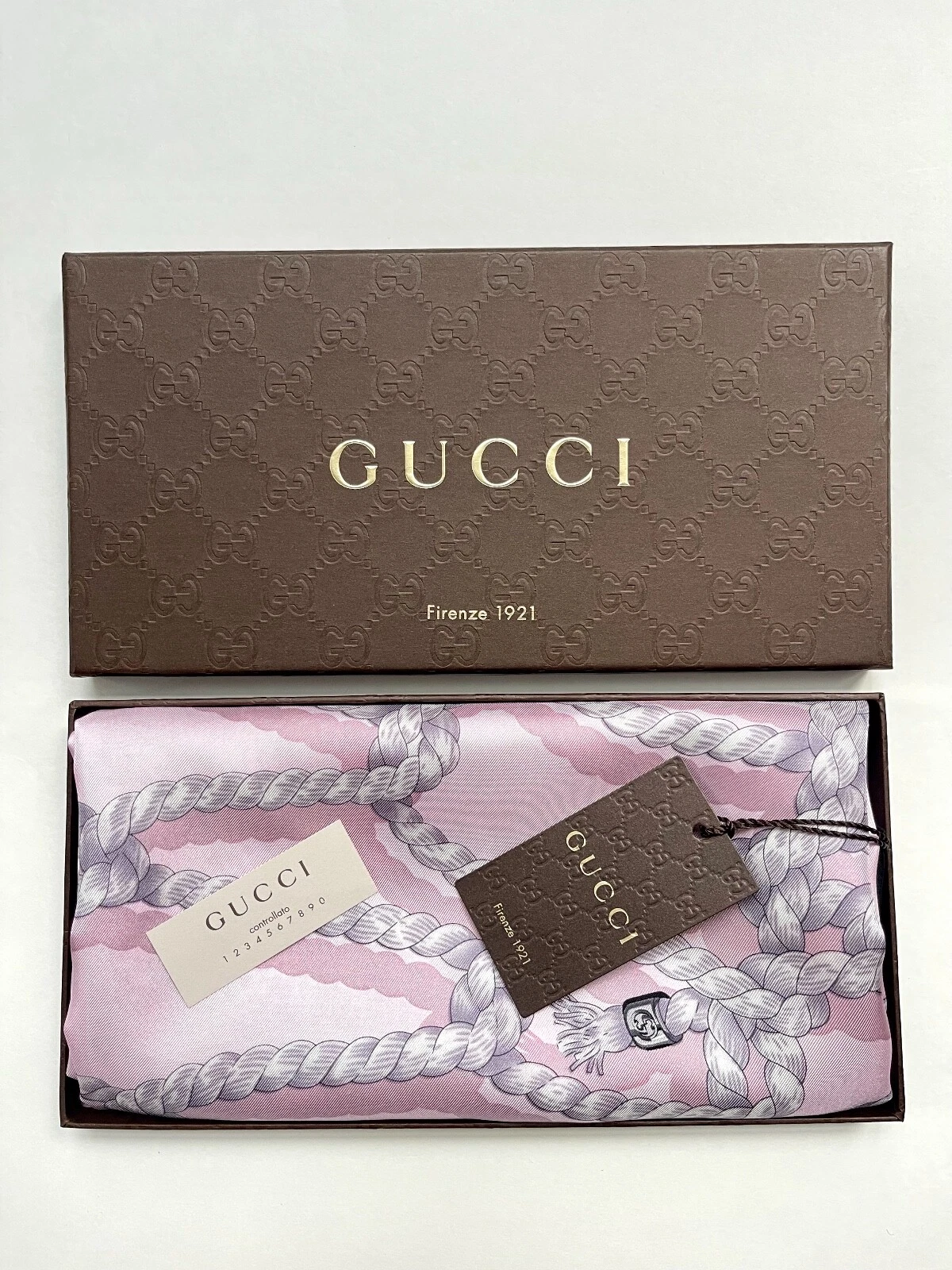 Unisex Gucci Scarf with Gift Box Logo Pink Ropes Print Black Nautical Silk Wrap