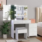 5 Drawers Dressing Table Slide Bulb Mirror W/ Stool Makeup Vanity Set Desk White