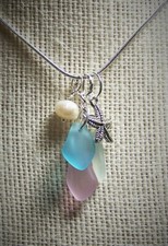 SEA GLASS pastel jewelry handmade cluster w STARFISH  PEARL pendant peachy pink