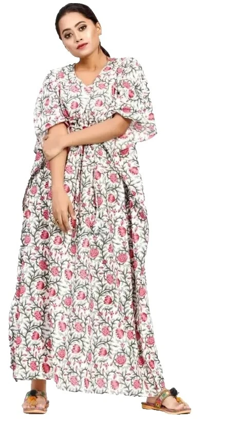 Cotton 3/4 Sleeve Floral Maxi Dresses for Women