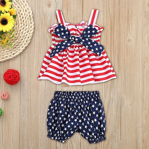 NEw Baby Girls 4th of July Patriotic Smocked Bow Ruffle Tunic Bloomers