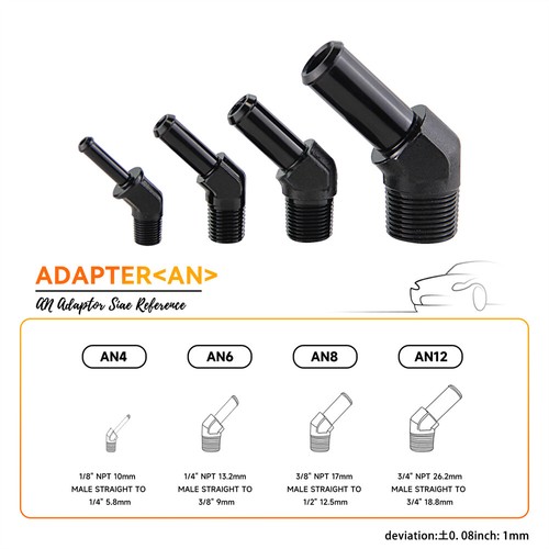 1/4NPT to 6AN, 3/8NPT to 8AN Male Hose Barb Adapter 45Degree 2PCS - Picture 7 of 9