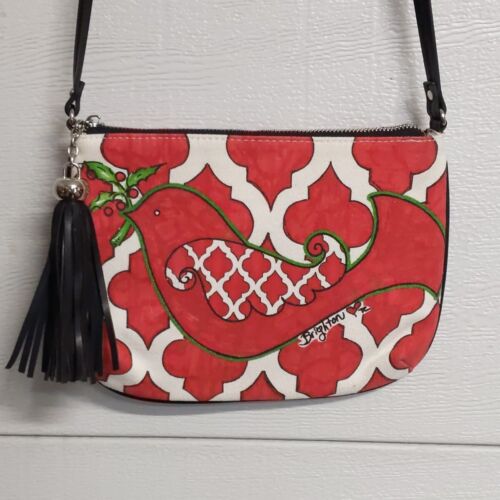 Brighton Love Dove Crossbody Pouch Purse Canvas Bag Handbag Tassel Red White Zip - Picture 1 of 9