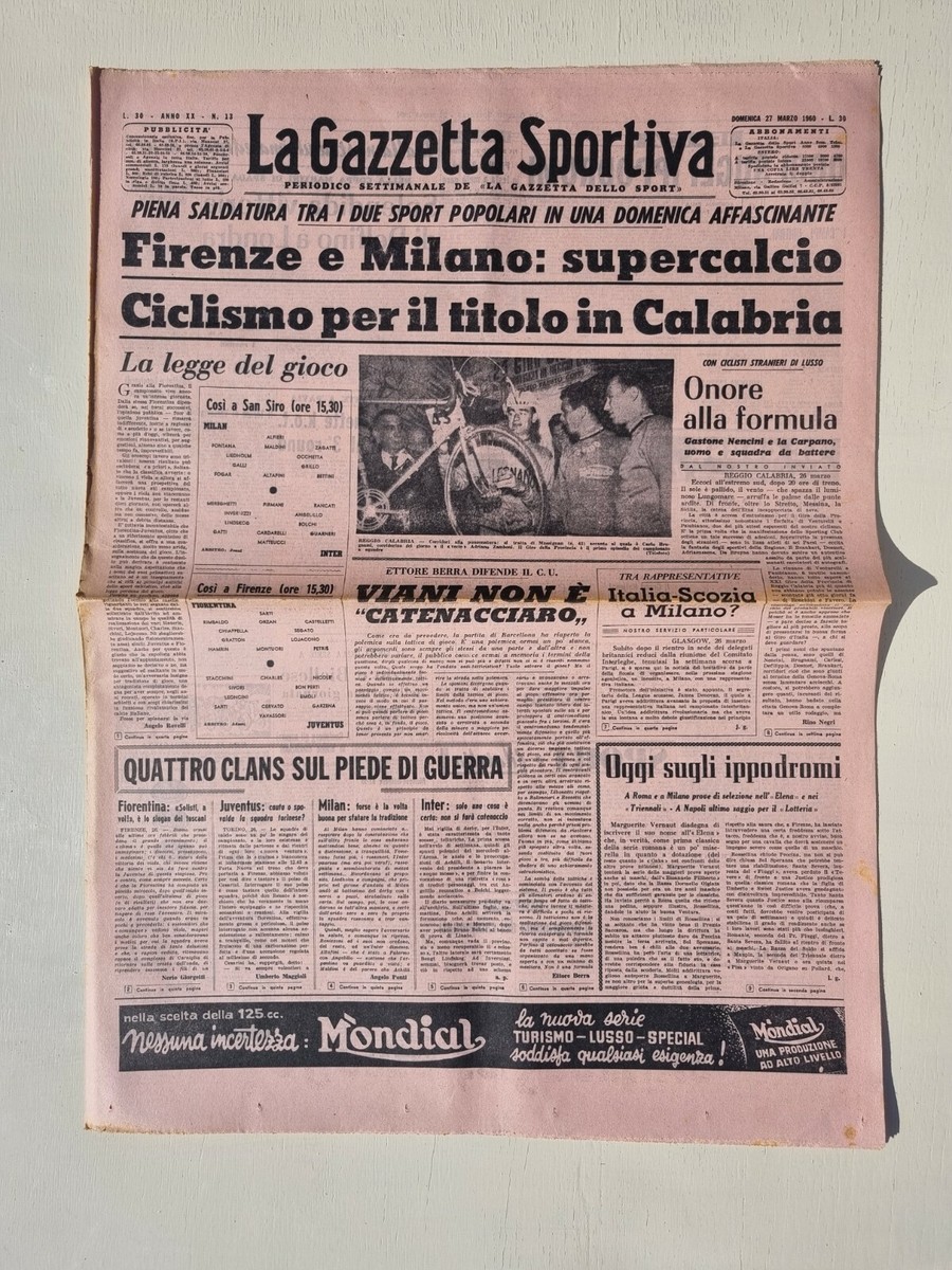 Gazzetta Dello Sport 27 Mars 1960 – Milan-Inter & Fiorentina-Juventus – Original