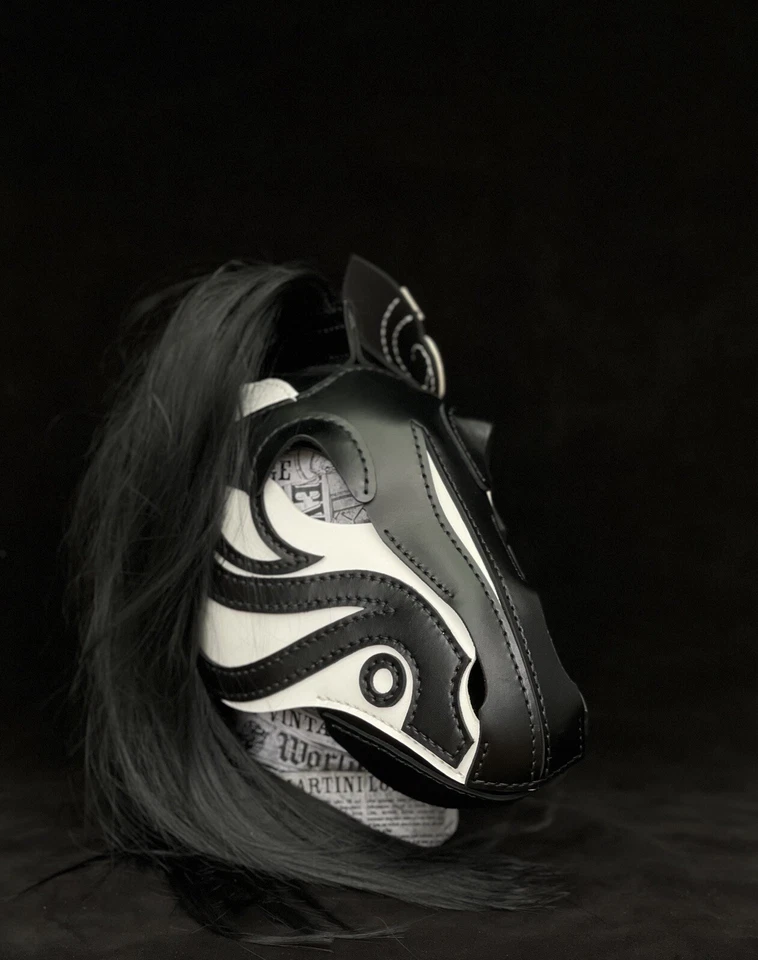 Horse   leather mask Leather Pony Play handmade Hood “Black And White” Edition - Image 4 of 4