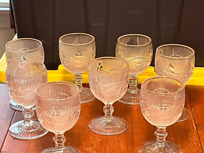 8 Antique EAPG Bellflower Flint Glass Single Vine Fine Rib Water Goblets