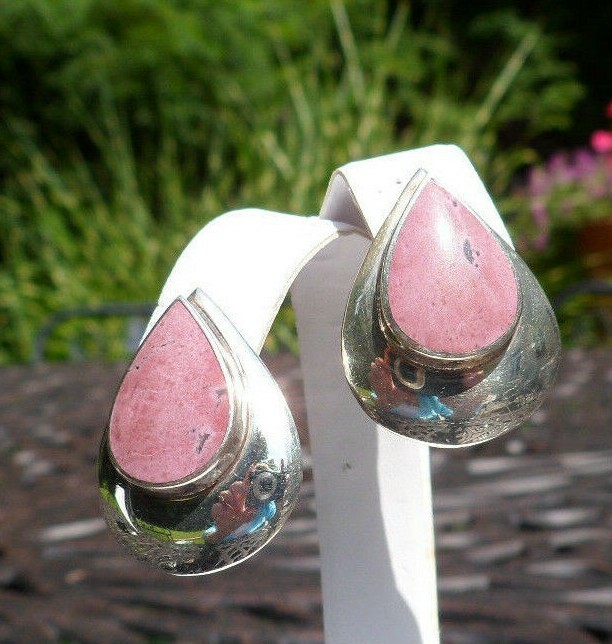 Pink Rhodonite Thin Drop Earrings Sterling Silver Pink Rhodonite Thin Drop Earrings Sterling Silver