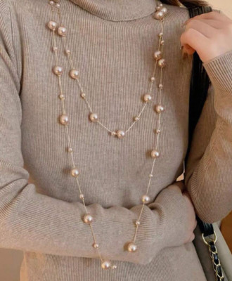 Long Big Champagne Pearl Gold Multi Strand Layered Bead Chunky Jewelry Necklace