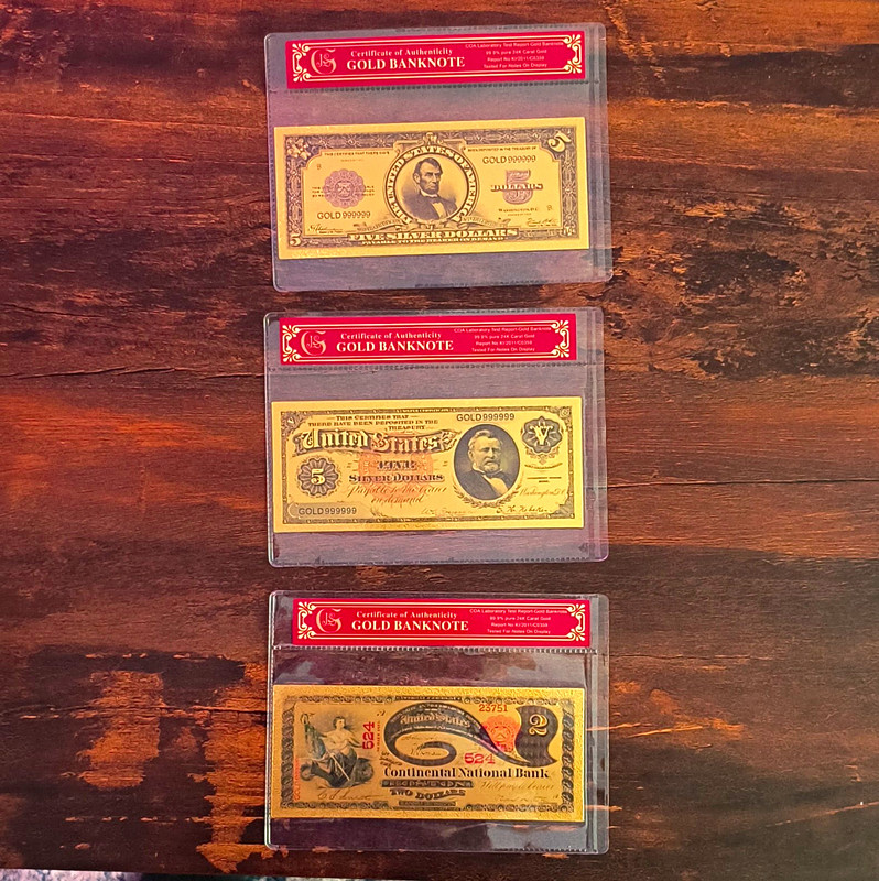 COA Gold Banknote Novelty Set Lot of 3 Notes $5 & $2
