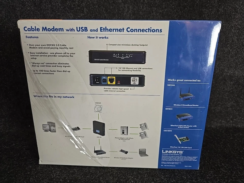 LINKSYS CISCO CM100 CABLE MODEM USB & INTERNET CONNECTIONS NIB/UNUSED ~FREE SHIP - Image 4 of 4