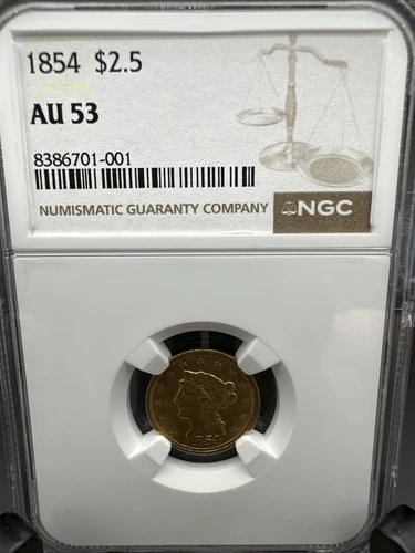 1854 LIBERTY HEAD $2.5 QUARTER EAGLE GOLD COIN NGC Certified AU 53