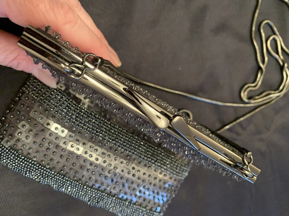 Small nickel colour Beaded/sequinned Evening Bag With snake chain Shoulder Strap - Image 3 of 4