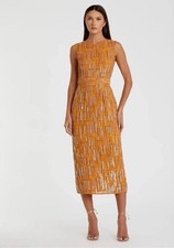 Mac Duggal Orange Beaded Sequin Geometric Sheath Midi Round Neck size 2