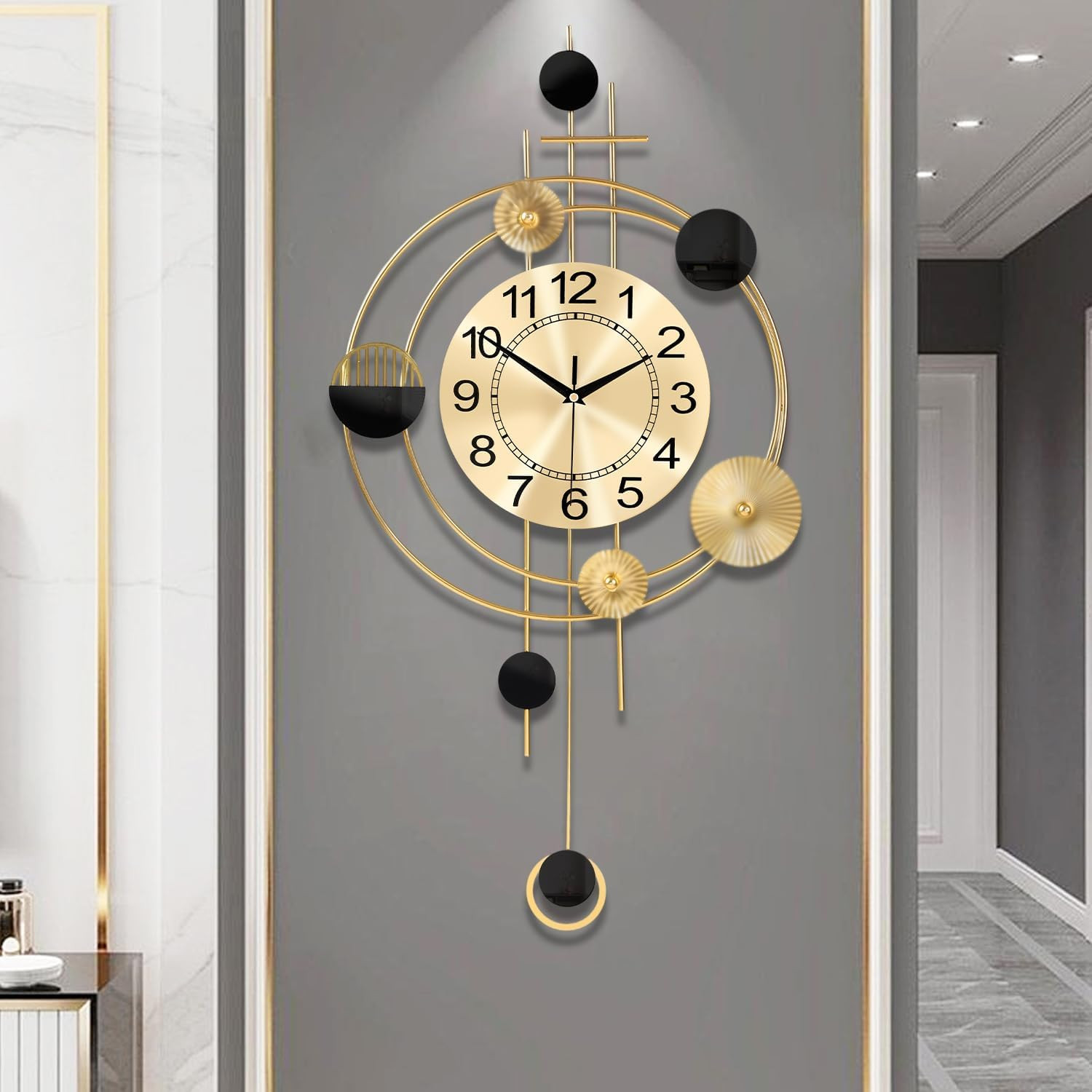 Elegant Golden Pendulum Wall Clock - Silent Quartz, 15.4x28 Inch Decor